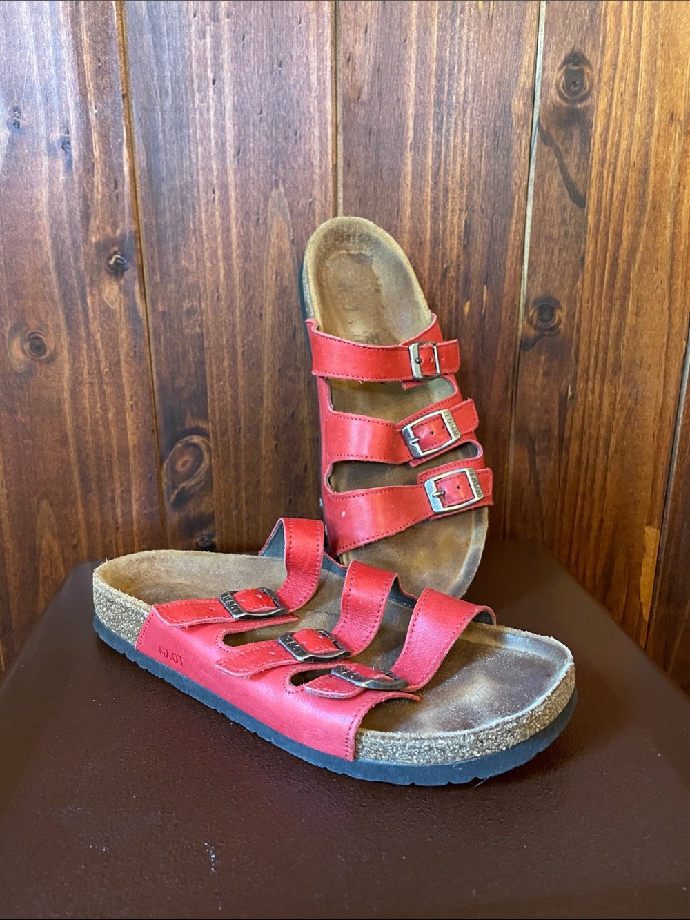 Naot Red Triple-Buckle Cork Footbed Sandals